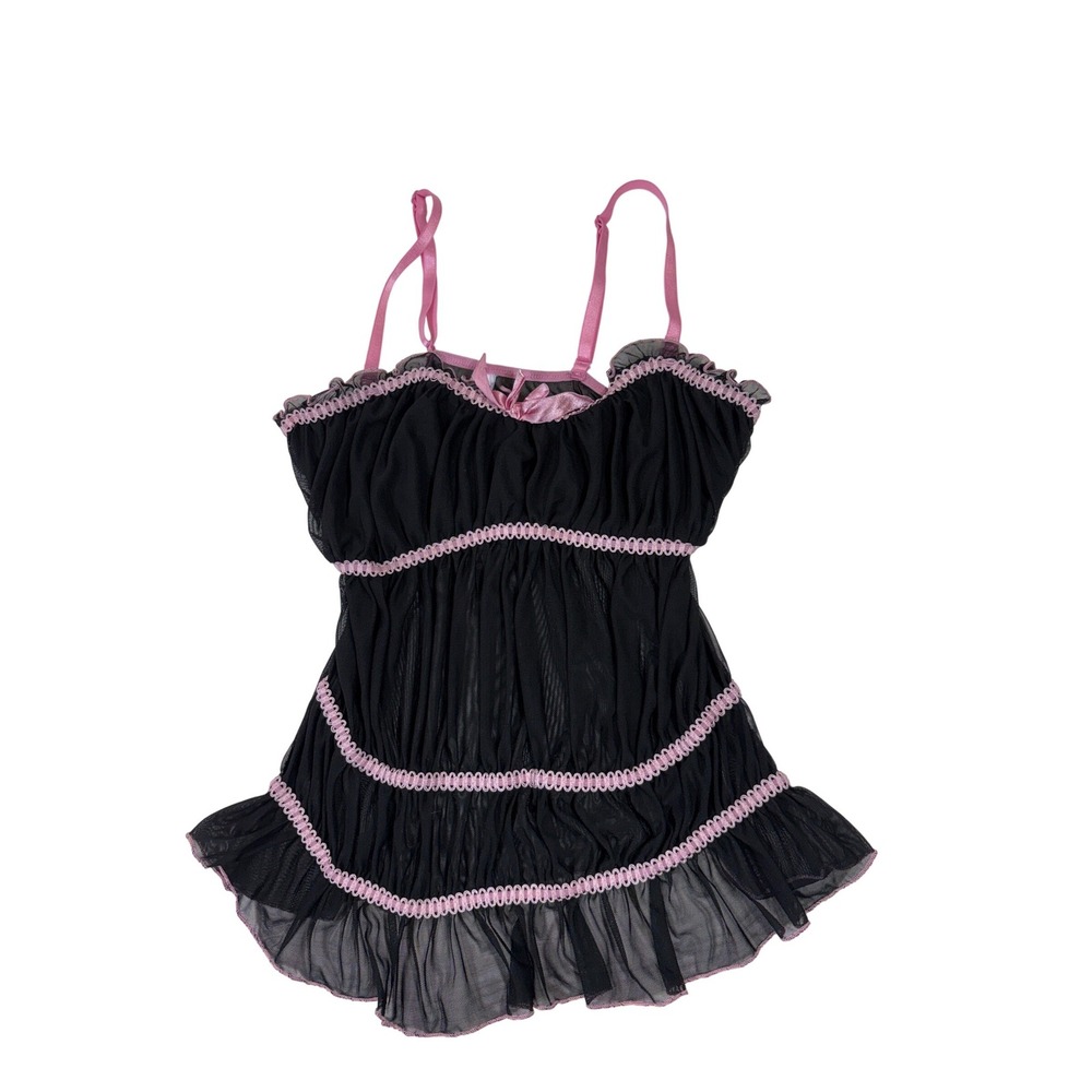 Popsi Lingerie Babydoll Chemise Women L Black Pink Mesh Ruffle Trim Y2K Coquette